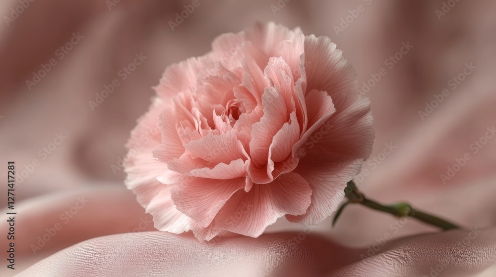 Close-up of a delicate pink carnation resting on soft pink fabric. Close-up of a delicate pink carnation resting on soft pink fabric.