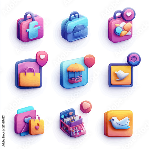 Social Media Platform Icons in 3D Render Style with Like Notifications