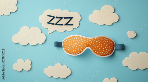 Sleep mask and speech bubble with text ZZZ on blue background. World Sleep Day concept. photo