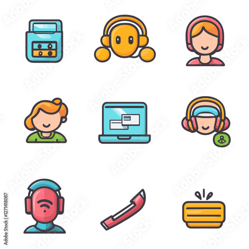 Cartoon Call Center Icons: Headset, Agents, Phone, Laptop, and Recorder