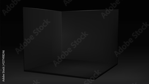3d black corner room. Empty cube box space with open interior mockup. Blank exhibition studio for stand or podium. Advertising container for product information. Indoor booth with minimal design.