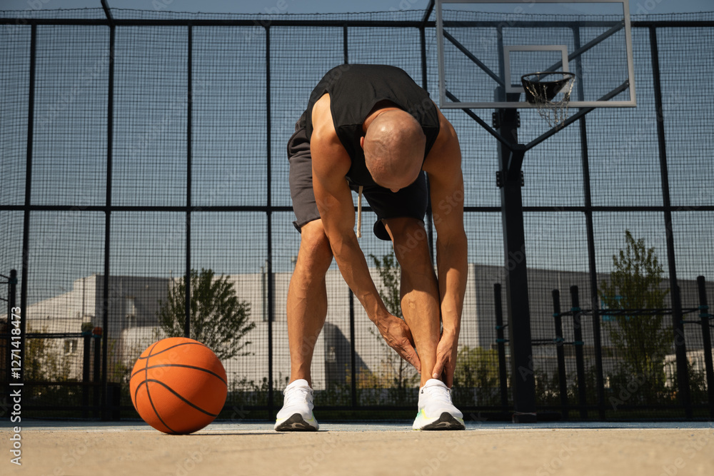 Basketball ankle injury or pain. Basketball player check legs after workout of sport stadium. Professional athlete or sportsman with accident. Man check pain in leg after sport workout.