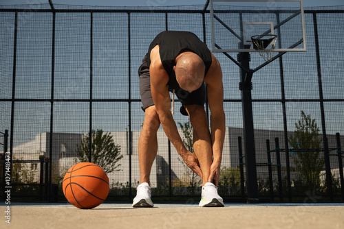Basketball ankle injury or pain. Basketball player check legs after workout of sport stadium. Professional athlete or sportsman with accident. Man check pain in leg after sport workout.