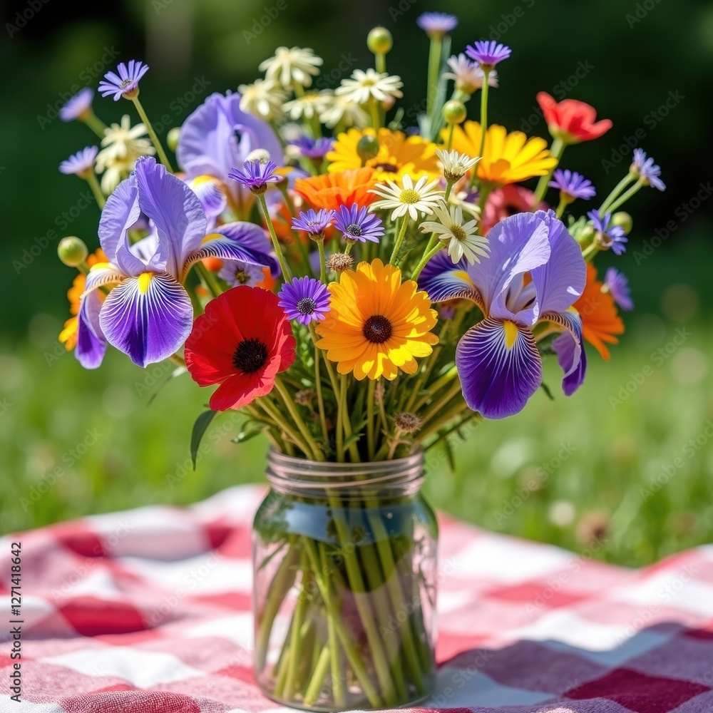 Fototapeta premium Colorful wildflower bouquet in glass jar on picnic table.