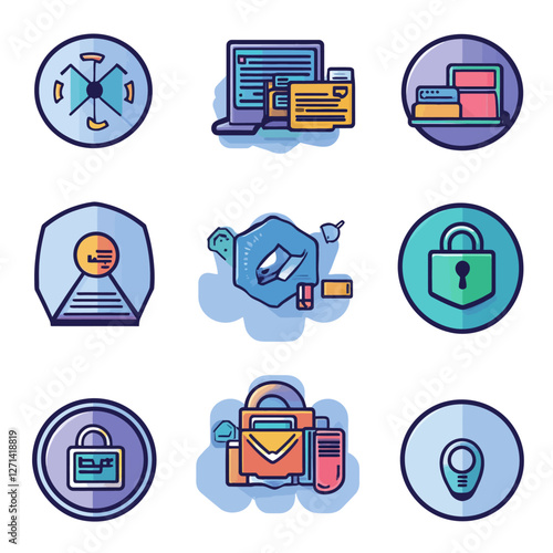 Set of Tech Icons representing Security, Cloud, and Data in blue tones