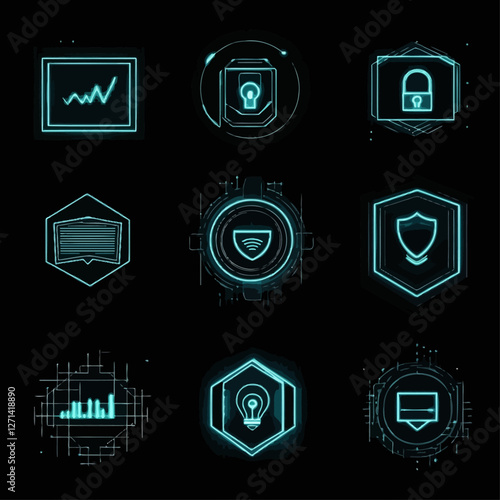 Digital Security Neon Icons: Data Protection, Analysis, and Innovation