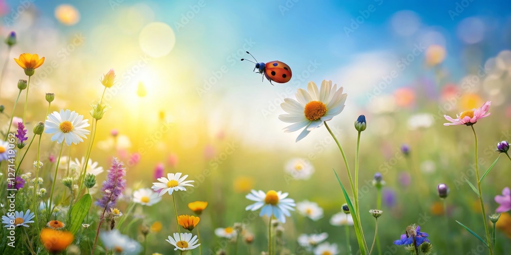 A ladybug in flight over a vibrant meadow of wildflowers bathed in warm sunlight, a serene summer scene of nature's beauty A ladybug in flight over a vibrant meadow of wildflowers bathed in warm sunlight, a serene summer scene of nature's beauty