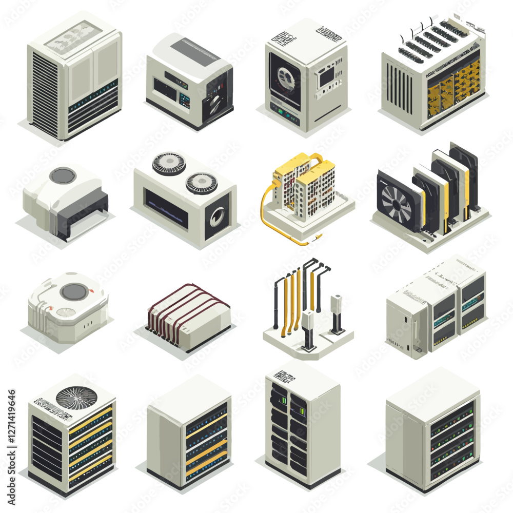 Isometric Server Room Elements for Data Centers, Networks, and Computing Racks Isometric Server Room Elements for Data Centers, Networks, and Computing Racks