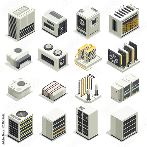 Isometric Server Room Elements for Data Centers, Networks, and Computing Racks