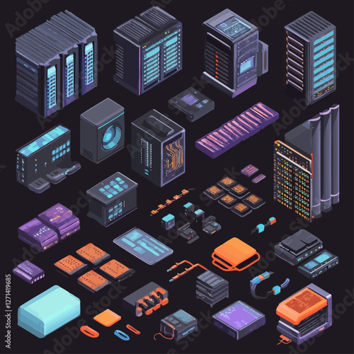Isometric Servers, Data Centers, and Electronic Components on Black Background