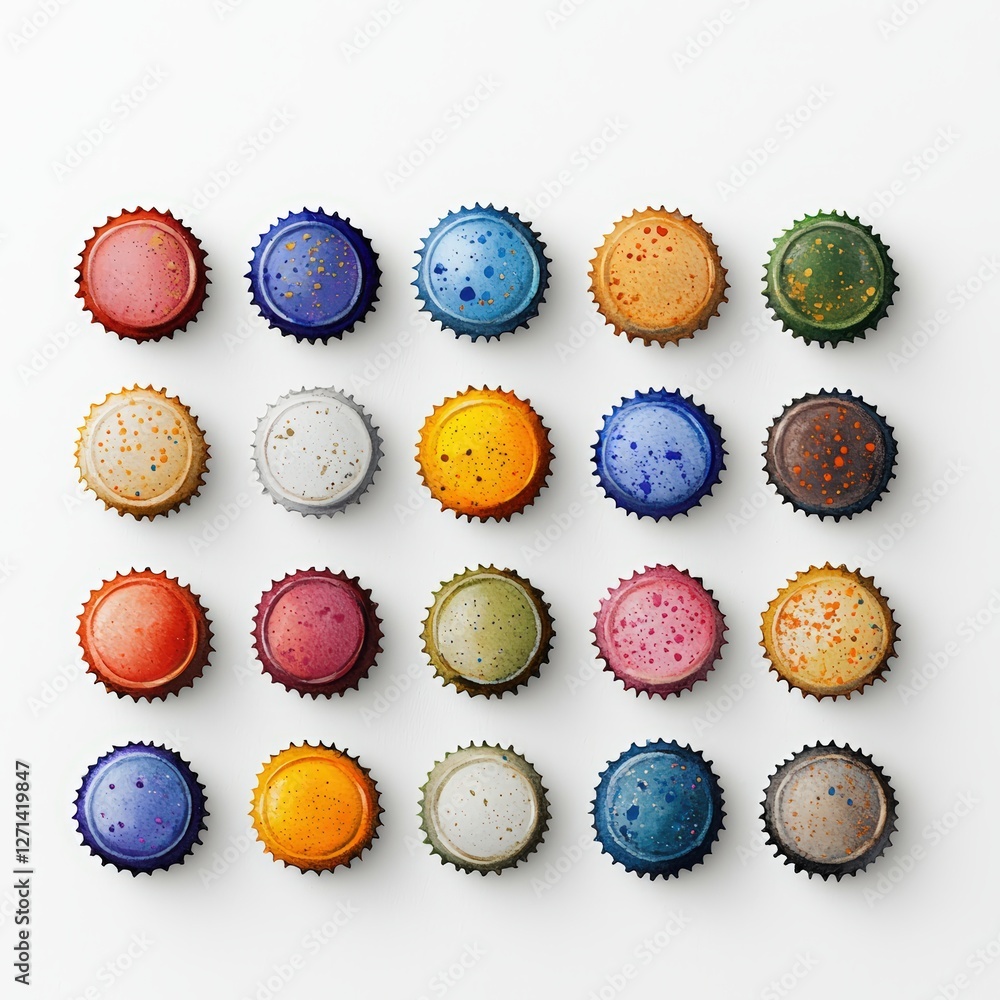 A vibrant array of colorful bottle caps displayed in a grid pattern, perfect for beverage or packaging themes. A vibrant array of colorful bottle caps displayed in a grid pattern, perfect for beverage or packaging themes.