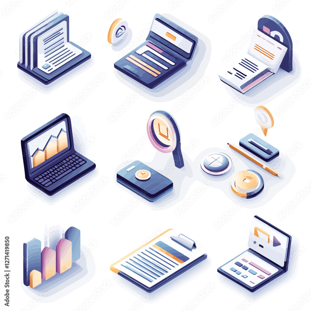 Isometric Digital Workflow Illustration with Laptop and Mobile Devices Isometric Digital Workflow Illustration with Laptop and Mobile Devices