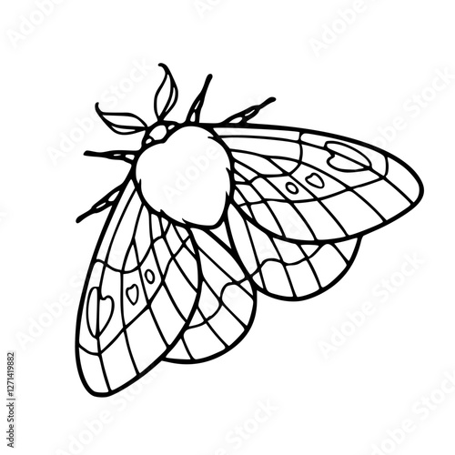 a black and white drawing of a moth in outline style, for coloring pages