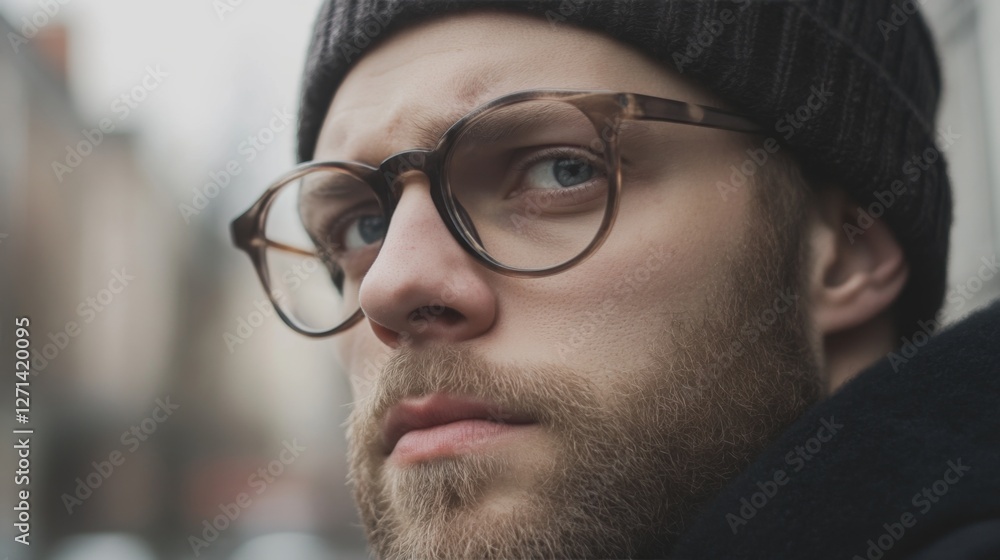 Man with Glasses Outdoors; Urban Setting; Contemplative Look; Portrait Man with Glasses Outdoors; Urban Setting; Contemplative Look; Portrait