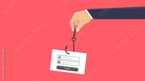 Hand holding hook over login form; great for cybersecurity concepts, hacking prevention, online security, password protection, phishing scams.