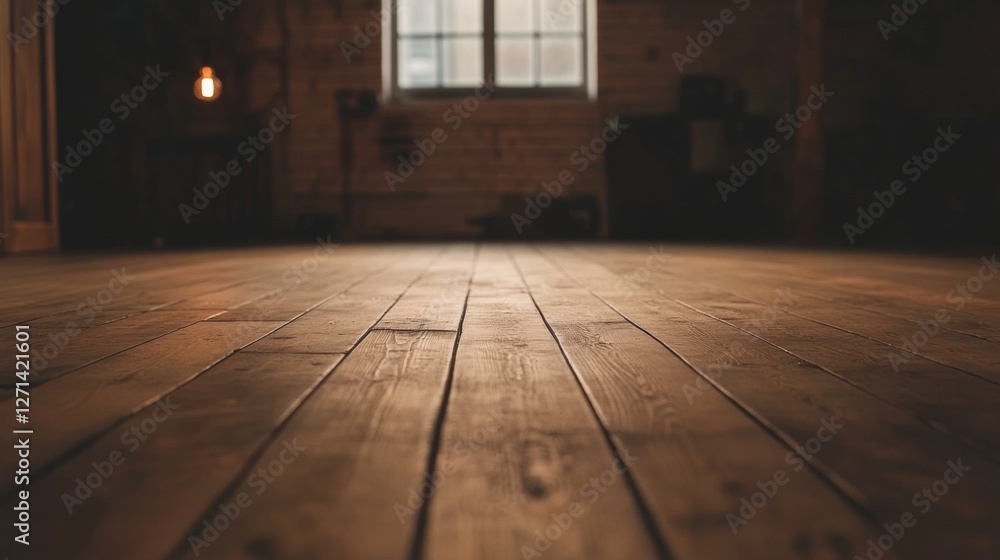 Rustic wooden floor, dark room, window light, interior, background image Rustic wooden floor, dark room, window light, interior, background image