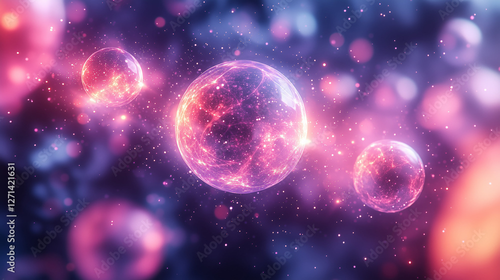 Fototapeta premium Colorful cosmic spheres floating in a vast space ,floating atoms,medical concept