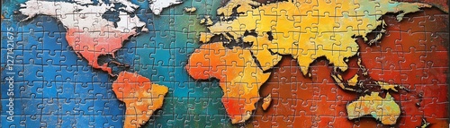 Bold and bright puzzle pieces interlocking to form a world map, dynamic colors, globally inspired artwork, abstract design