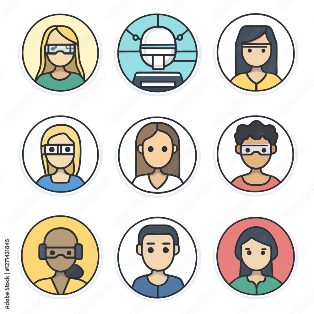 Metaverse diverse people avatars with VR glasses and robot illustration Metaverse diverse people avatars with VR glasses and robot illustration