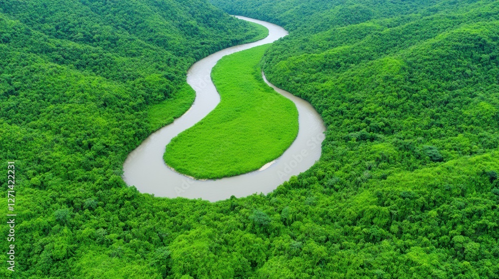 Serene aerial view of lush green river valley and winding waterway in dense forest Serene aerial view of lush green river valley and winding waterway in dense forest
