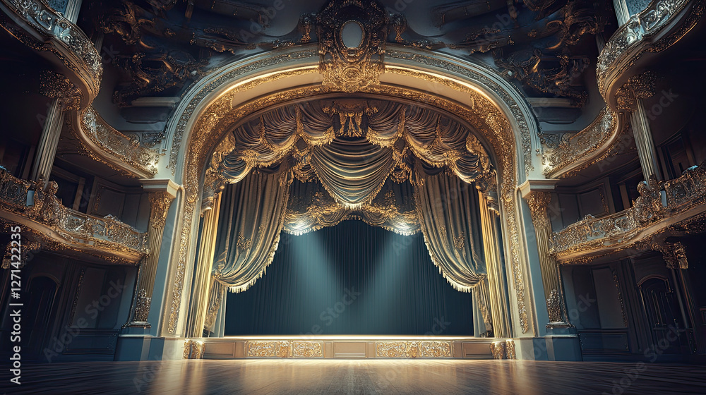 Obraz premium Elegant Theatre Stage with Golden Accents and Draped Curtains