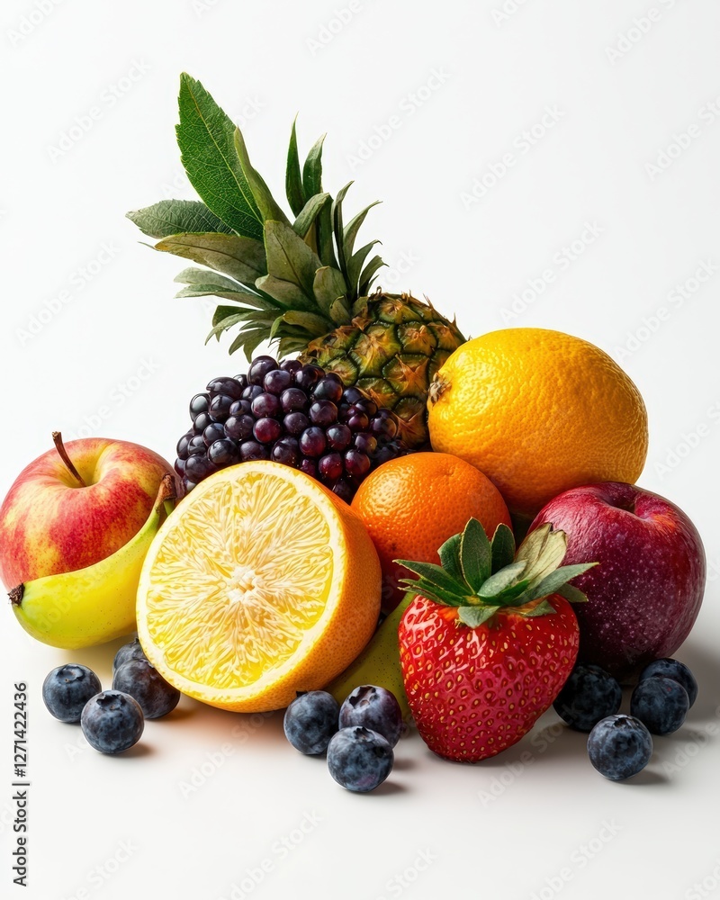 A vibrant assortment of fresh fruits including apples, oranges, grapes, and strawberries on a clean white background. A vibrant assortment of fresh fruits including apples, oranges, grapes, and strawberries on a clean white background.