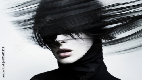 Mysterious woman with wind-swept hair in high fashion monochrome portrait