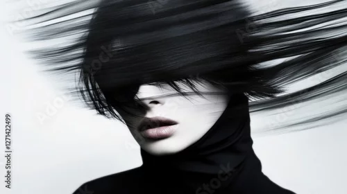 Obraz Mysterious woman with wind-swept hair in high fashion monochrome portrait