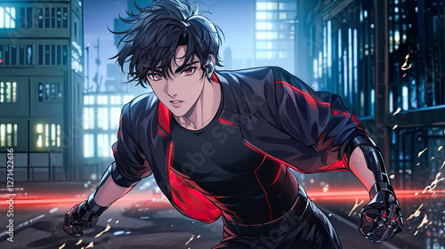 Futuristic anime parkour athlete performing a wall run in an urban environment with dynamic pose and motion blur effect captured in a digital art style photo