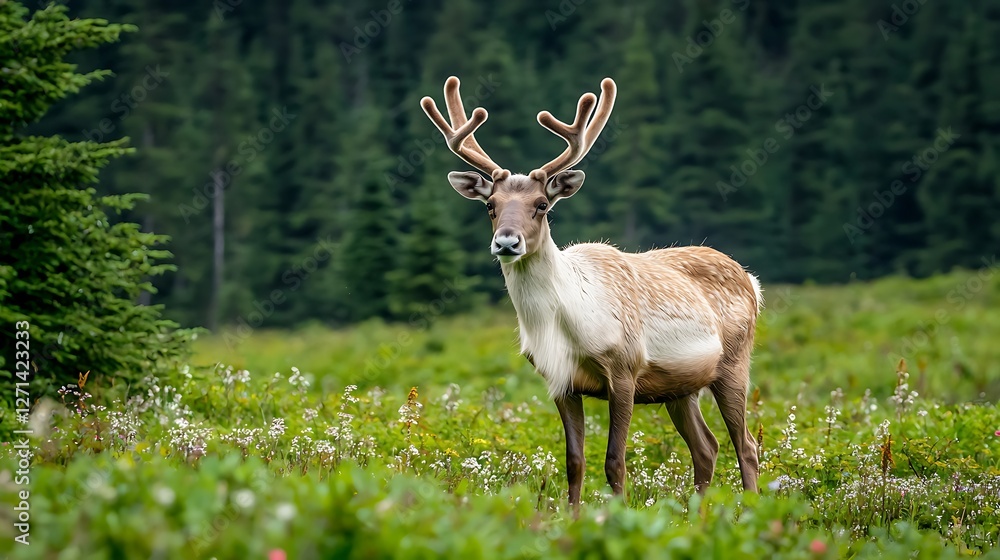 Majestic caribou in alpine meadow, surrounded by lush forest Majestic caribou in alpine meadow, surrounded by lush forest