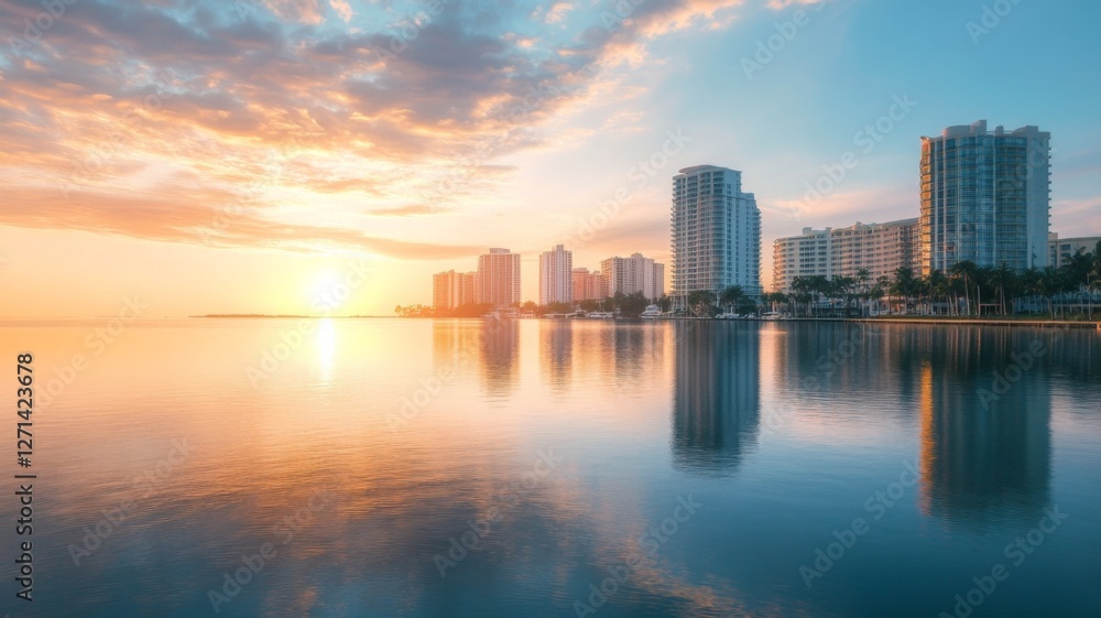 Fototapeta premium A vibrant sunset illuminates the skyline of a coastal city, casting colorful reflections on the calm water. Tall buildings stand majestically against the backdrop of the sunset