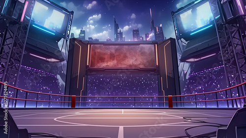 Basketball court featuring a basketball in the center with a cyberpunk anime gladiator-style wrestling event taking place in the background photo