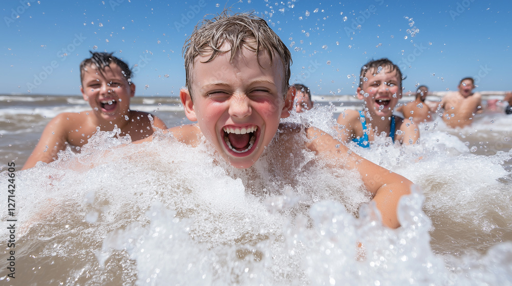 Joyful kids splashing in ocean waves on a sunny beach day Joyful kids splashing in ocean waves on a sunny beach day