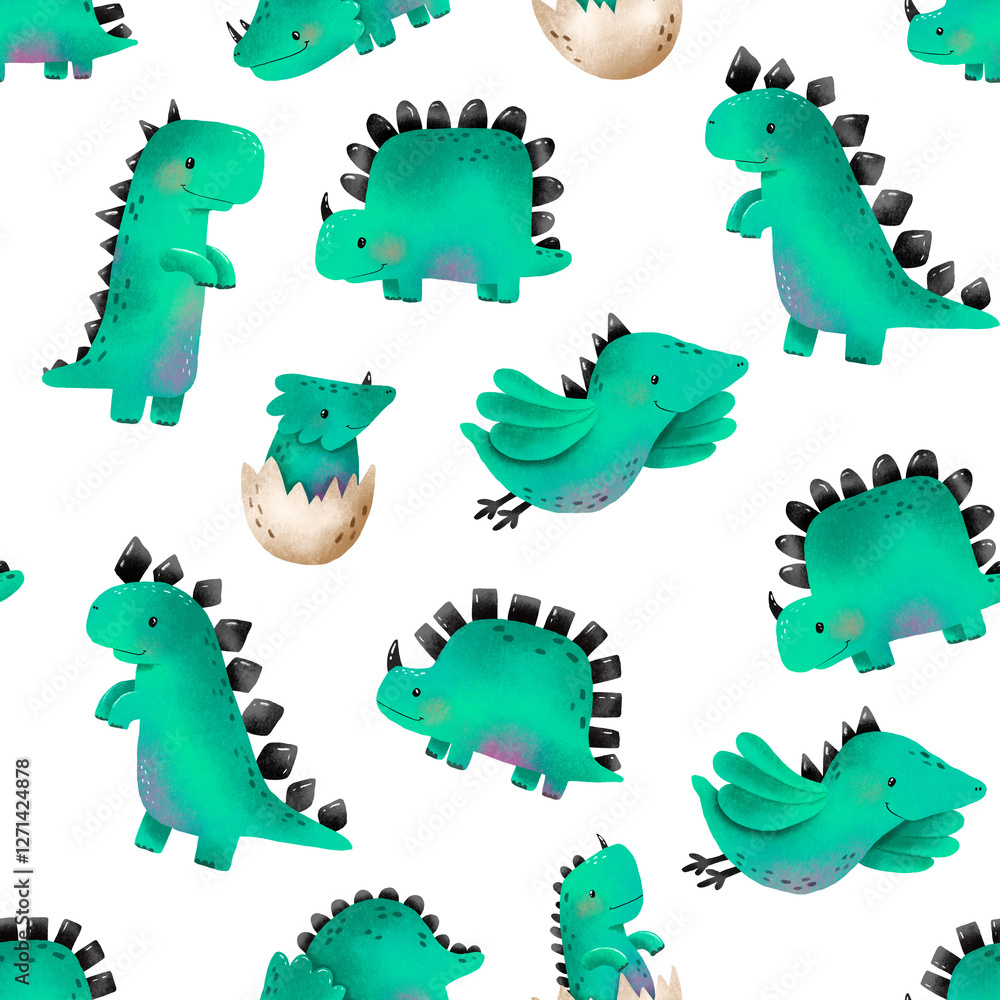 Obraz premium Dinosaur seamless background for baby boys. Green reptile. Cartoon monster jurassic lizard. Hand drawn endless pattern. Newborn design, print, wrap, textile, nersery, baby room