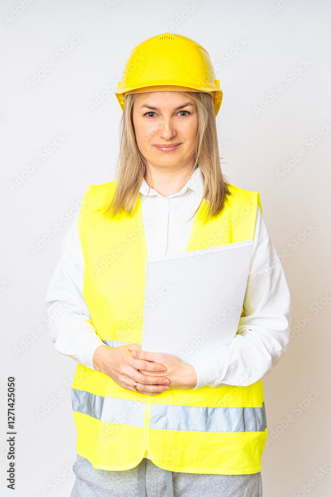 a girl in a yellow jacket and a protective yellow helmet with papers in her hands. High quality photo a girl in a yellow jacket and a protective yellow helmet with papers in her hands. High quality photo