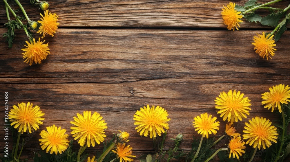 Obraz premium Dandelion flowers on rustic wood background, dandelion, flowers, rustic, wood, background, nature, yellow, petals, wild, fresh