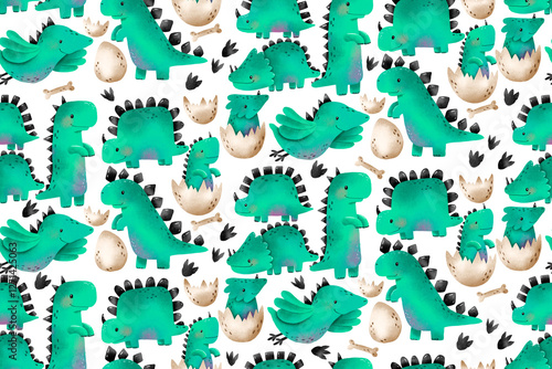 Dinosaur seamless background for baby boys. Nature design. Green reptile. Cartoon monster jurassic lizard. Hand drawn endless pattern. Newborn design, print, wrap, textile, nersery, baby room photo