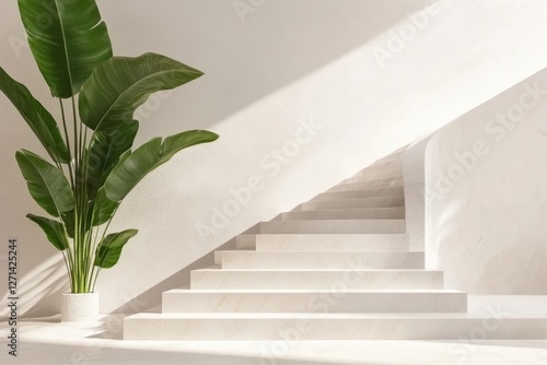 Modern minimalistic interior with white staircase green plant photo