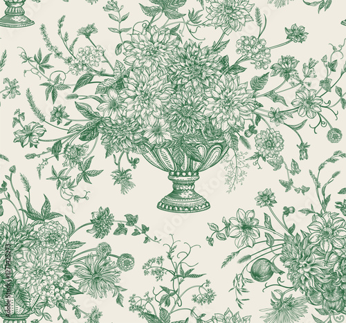 Seamless pattern with vases in toile aesthetics. Floral arrangements with flowers, berries, cereals, herbs, apples. Vintage festive background. Green.