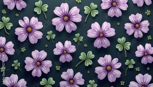 Wallpaper, illustration, made of purple flowers and green clover leaves on dark gray background. Shamrock leaves, symbolic traditional pattern