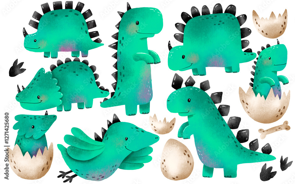 Naklejka premium Green jurassic dinosaur. Dino monster. Cartoon funny dinosaur clipart for baby, kids, nursery sticker, baby shower and room. Hand drawn illustration