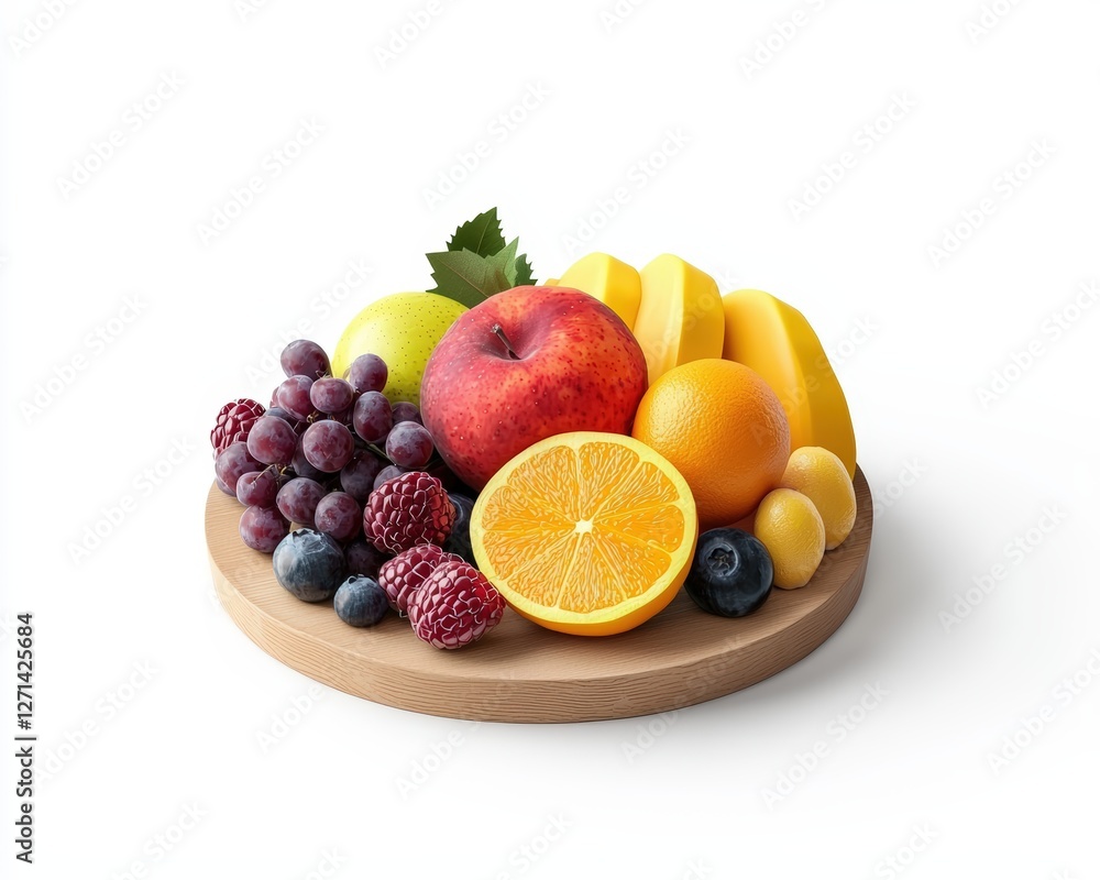 A vibrant assortment of fresh fruits arranged on a wooden plate, perfect for health and wellness themes. A vibrant assortment of fresh fruits arranged on a wooden plate, perfect for health and wellness themes.