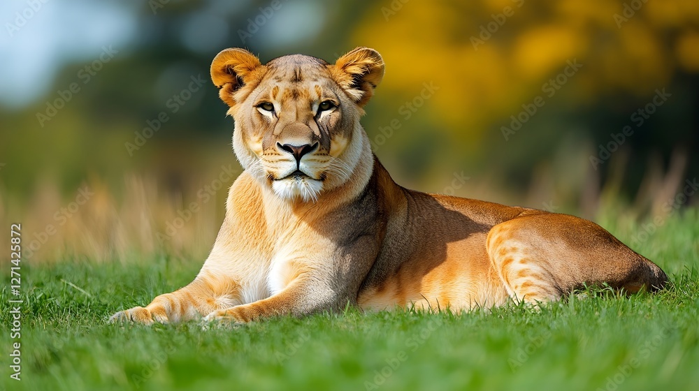 Fototapeta premium Lion resting on a grassy savanna