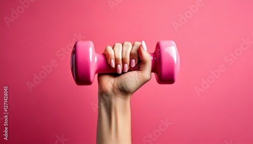 A closeup view of the hand of a young lady holding a pink color dumbbell with a pink color background; sports photography; fitness and exercise