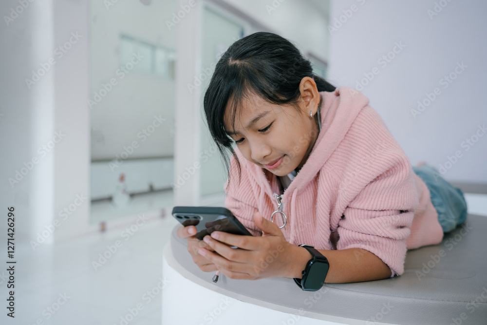 Happy young asian little girl relaxing at home.texting messaging on smartphone, smiling little girl use cellphone, chatting online message. Happy young asian little girl relaxing at home.texting messaging on smartphone, smiling little girl use cellphone, chatting online message.