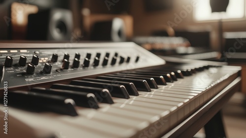 Close-up of electronic keyboard in music studio. Possible use for music tutorials, instrument showcases photo