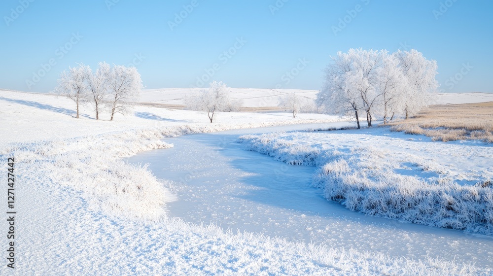 Fototapeta premium Frozen Winter Landscape, trees, icy river. Possible Use Stock photo for winter themes