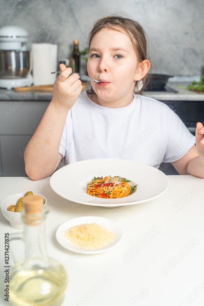 Cute little teen girl eating spaghetti on the background of gray kitchen at home sitting in white t-shirt at table. Cute little teen girl eating spaghetti on the background of gray kitchen at home sitting in white t-shirt at table.
