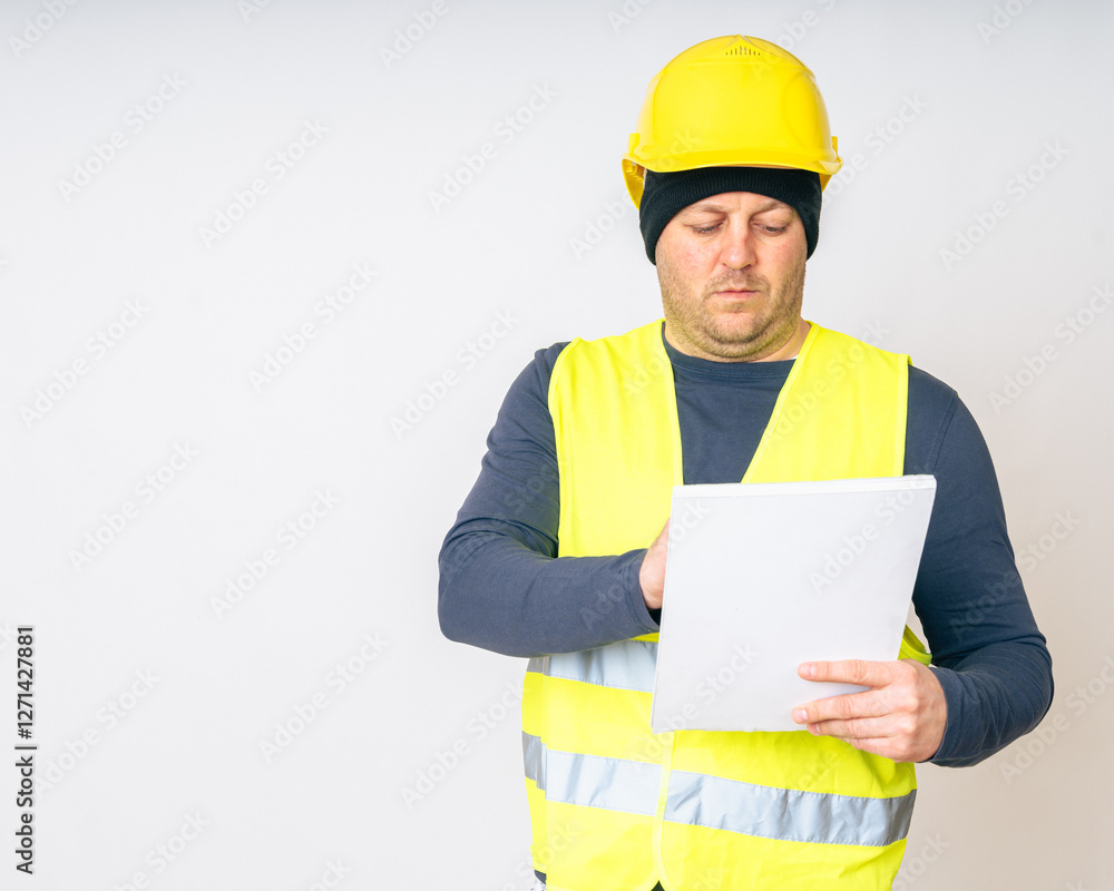 a man in a yellow work vest, overalls and a yellow safety helmet with papers in his hands. High quality photo a man in a yellow work vest, overalls and a yellow safety helmet with papers in his hands. High quality photo