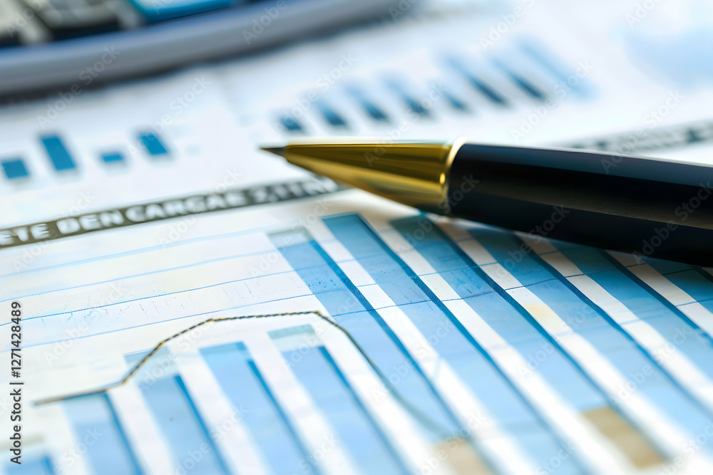 Close-up of financial graphs and charts with a pen on a desk, analyzing data trends and insights Close-up of financial graphs and charts with a pen on a desk, analyzing data trends and insights